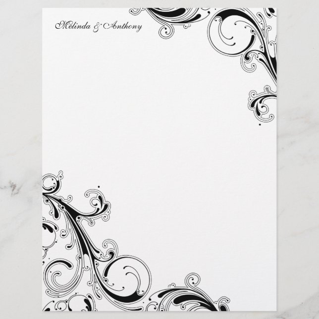 Filigree Swirls White w/Black 8.5 x 11 Paper (Front)