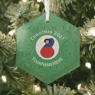 Filipino Flag Christmas Angel Name Year Hexagon Glass Ornament