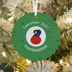 Filipino Flag Christmas Angel Name Year Metal Ornament