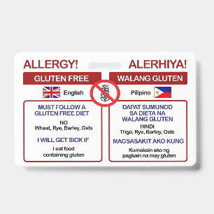 FILIPINO Gluten Free Travel Card   Allergy Badge