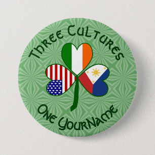 Filipino Irish American Flags Shamrock Personalize 3 Inch Round Button