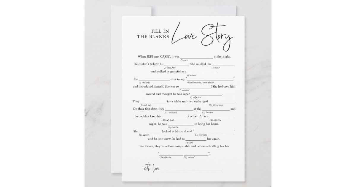 Fill in the Blanks Love Story Bridal Shower Game Card Zazzle
