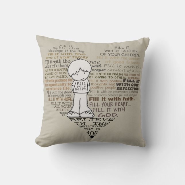 Fill Your Heart-Tan Throw Pillow (Front)