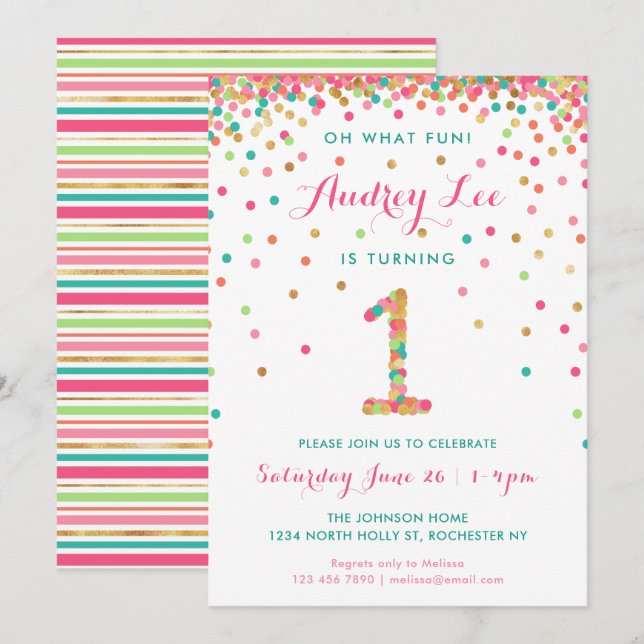 Fille 1er anniversaire Invitation fête d'anniversa (Devant / Derrière)