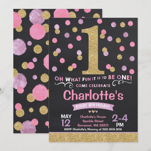 Fille 1er Anniversaire Invitation Pink & Gold Conf (Devant / Derrière)