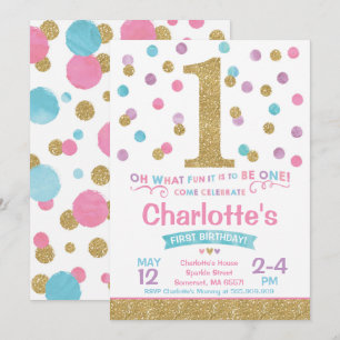 Fille 1er Anniversaire Invitation Pink & Gold Conf