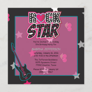 Fille 5x5 Rose Rock Star Invitation de fête d'anni