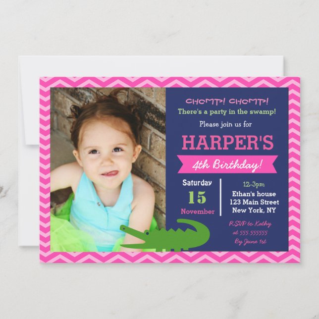 Fille Alligator Invitations de fête d'anniversaire (Devant)