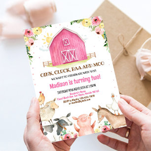 Fille Animaux de Ferme Rose Invitation Anniversair
