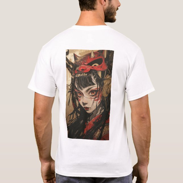 Fille Anime avec T-Shirt en Masque Oni Or Rouge (Dos)