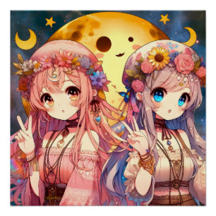 Fille Anime Hippie Lune Filles Faisant Signe de Pa