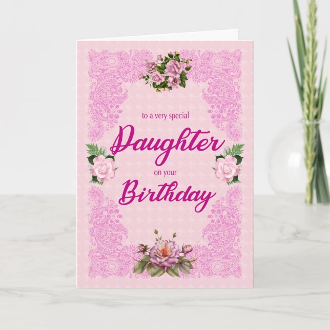 Fille Anniversaire avec carte rose Roses (Devant)