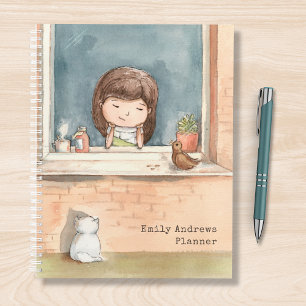 Fille Aquarelle mignonne avec chat Oiseau Personna