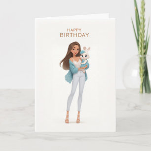 Fille au cardigan bleu avec carte d'anniversaire d
