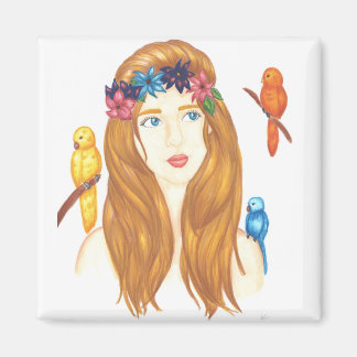 Fille aux oiseaux - Aimant carré de 2 pouces