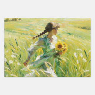 Fille aux tournesols dans un champ en été Papier d