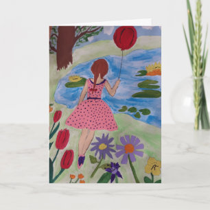 Fille Avec Balloon Rouge Carte Anniversaire