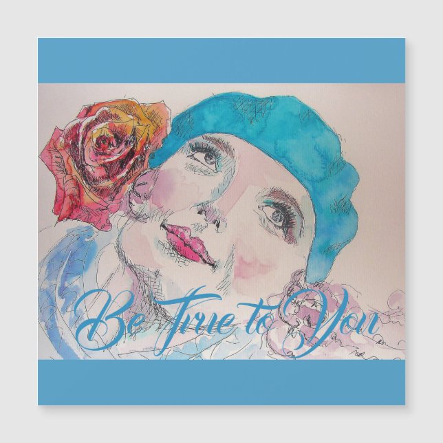 Fille avec Béret Rose Rouge Aquarelle Carte magnét (Devant)