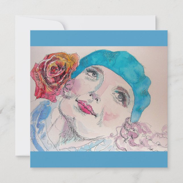 Fille avec Béret Rose Rouge Aquarelle Carte magnét (Devant)