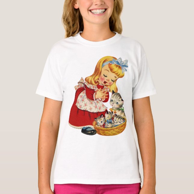 Fille avec chatons chat rétro mignonne T-shirt fil (Devant)