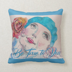Fille avec coussin d'aquarelle rouge Beret Rose