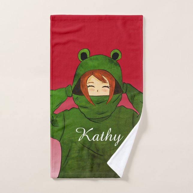 Fille avec grenouille verte Hoody Dessin Nom perso (Serviette à main)