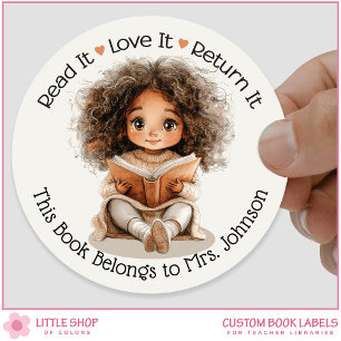 Fille avec livre Enseignant Étiquette de la biblio