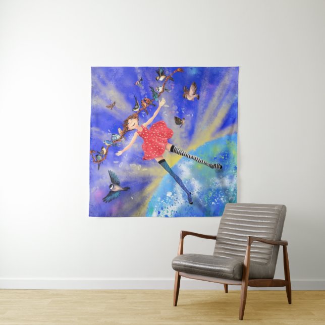 Fille avec oiseaux Tapisserie Imaginaire (En situation)