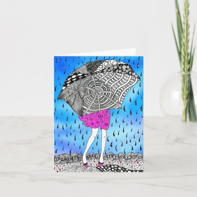 Fille avec parapluie dans la carte de voeux de plu (Devant)
