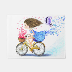 Fille avec tapis de porte de vélo
