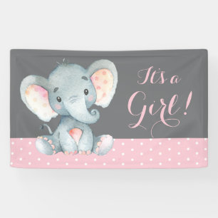 Fille Baby shower éléphant rose et gris bannière