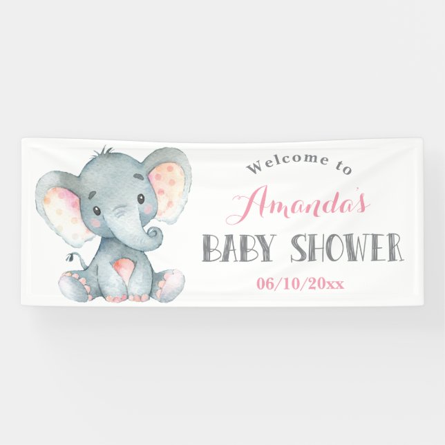 Fille Baby shower éléphant rose et gris bannière (Horizontal)