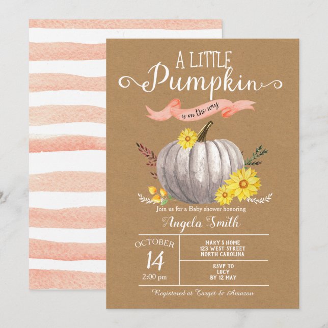 Fille Baby shower Petit Citrouille Invitation d'au (Devant / Derrière)