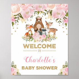 Fille Baby shower Woodland rose Affiche de bienven
