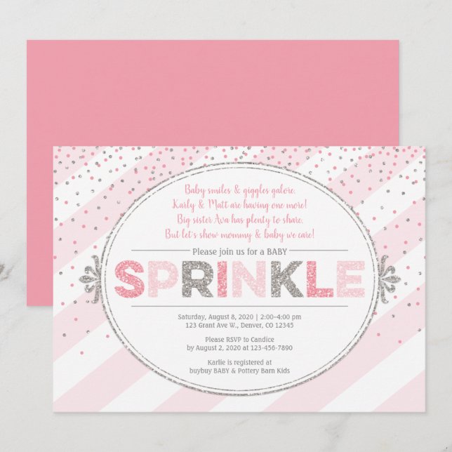 Fille bébé saupoudrer invitation invitation argent (Devant / Derrière)