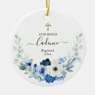 Fille Blanc bleu Floral Baptisé Ornement en cérami