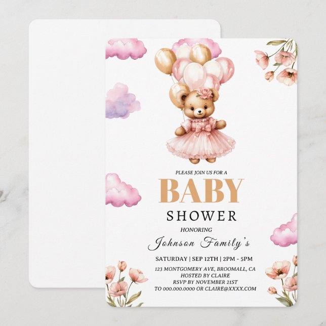 Fille bohème Invitation Baby Shower Rose Ourson (Devant / Derrière)