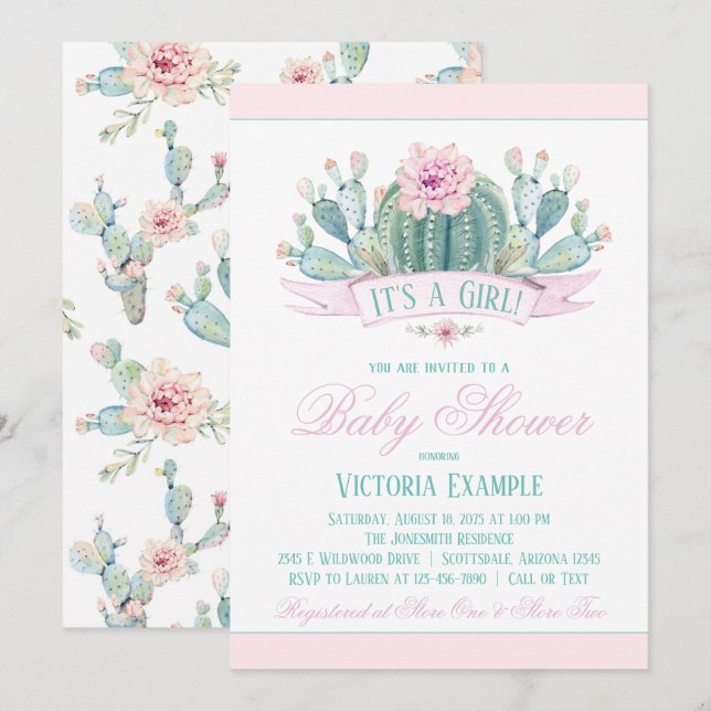 Fille Cactus Baby Shower Invitations (Devant / Derrière)