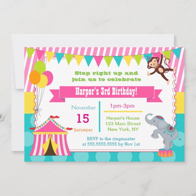 Fille Carnaval Cirque Anniversaire Invitations (Devant)