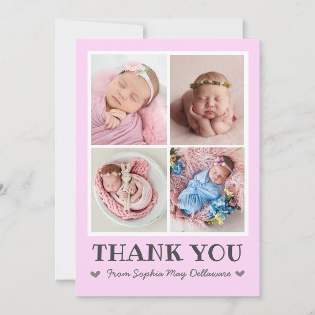 Fille carte de remerciements bébé rose avec collag (Devant)