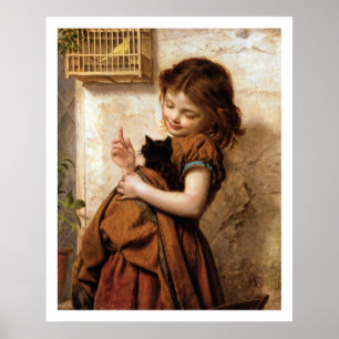 Fille, chat Kitty et Poster vintage d'oiseaux