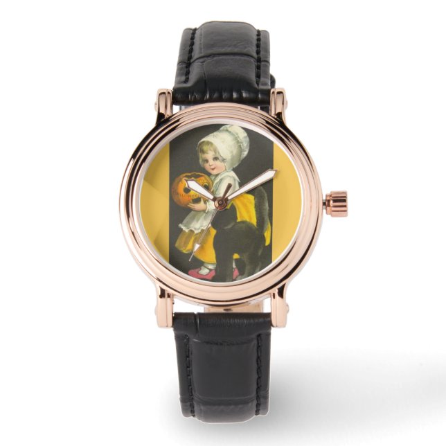 Fille Citrouille Chat noir Montre d'Halloween Vint (Recto)