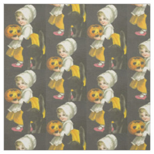 Fille, Citrouille, Chat noir, tissu d'Halloween Vi