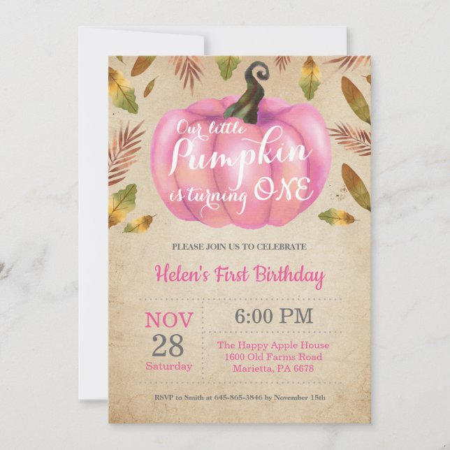Fille Citrouille premier anniversaire Invitation r (Devant)