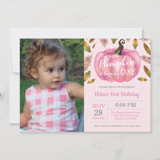 Fille Citrouille premier anniversaire Invitation r (Devant)