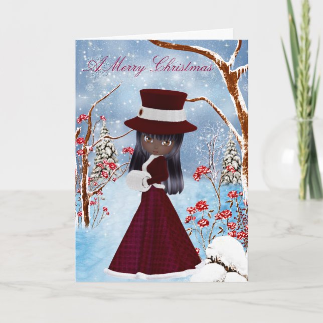 Fille d'Afro-américain, neige, carte de Joyeux (Devant)
