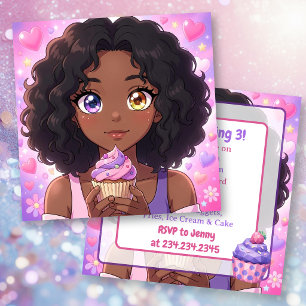 Fille d'anime rose et violet et invitation d'anniv
