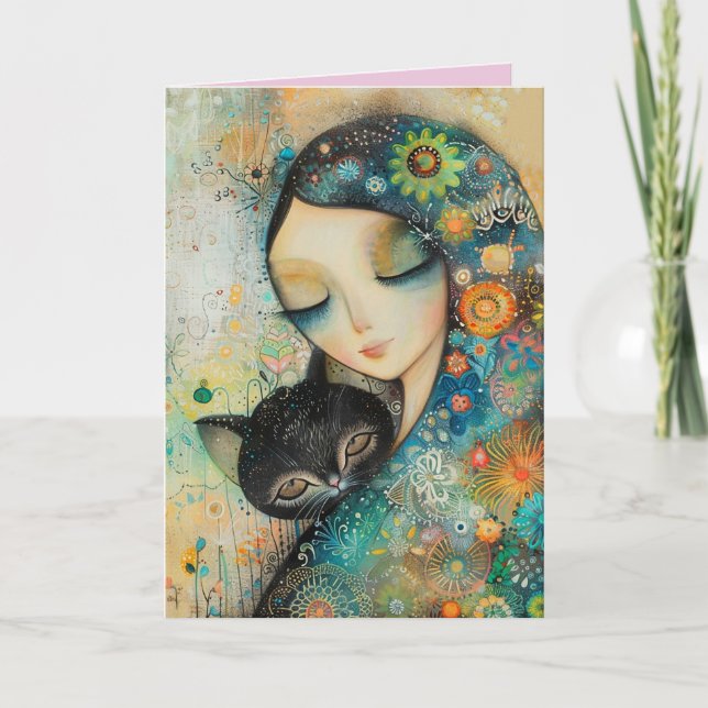 FILLE D'ANNIVERSAIRE FILLE ET CHAT CARTE DE SALUT (Devant)