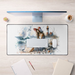 Fille d'aquarelle romantique par phare