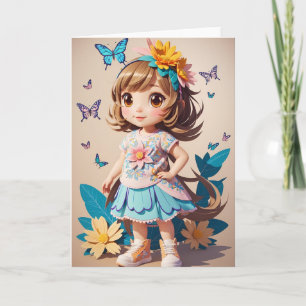 Fille de dessin animé avec fleurs   Carte